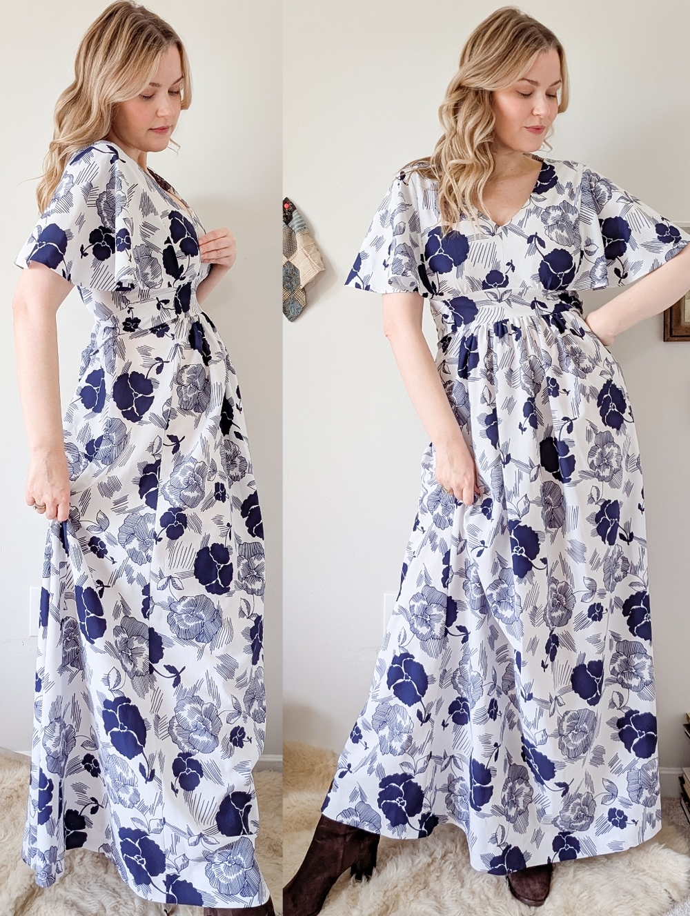 Vintage Floral Empire Tie Waist 70s Maxi Length Blue & White Vintage Dress